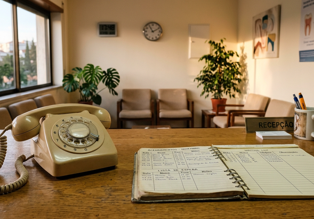 Telefone fixo antigo sobre a bancada de uma recepção de clínica odontológica, ao lado de fichas de agendamento e uma lista de espera manuscrita; ao fundo, recepção vazia iluminada pela luz suave de fim de tarde.