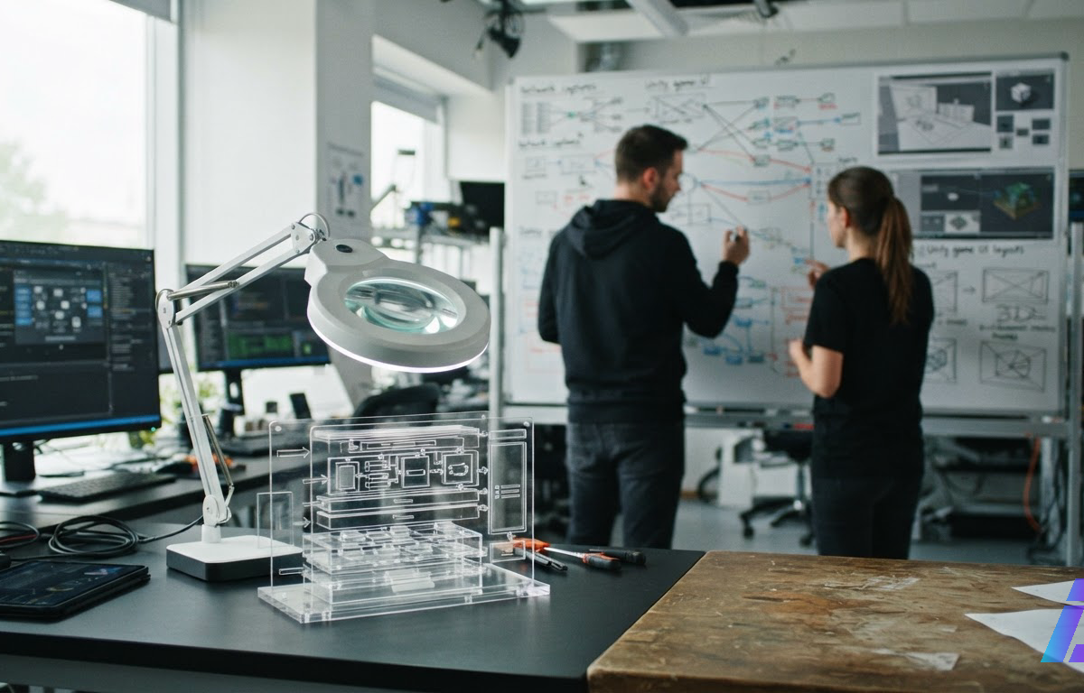 Maquete em acrílico de um aplicativo sob uma lente de inspeção em primeiro plano; ao fundo, dois engenheiros analisam diagramas de rede e malhas 3D em um quadro.