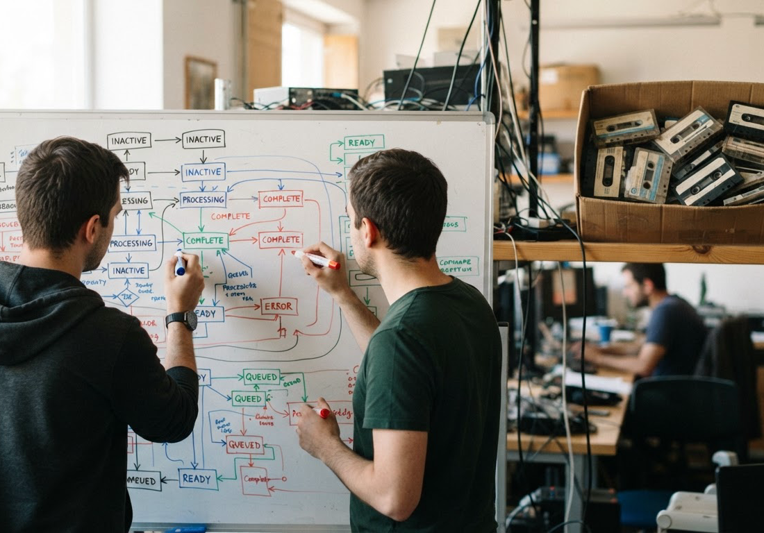 Dois engenheiros de qualidade desenham diagramas de fluxo em um quadro branco com canetas coloridas, enquanto fitas cassete antigas aparecem descartadas em uma caixa ao fundo sob luz natural.
