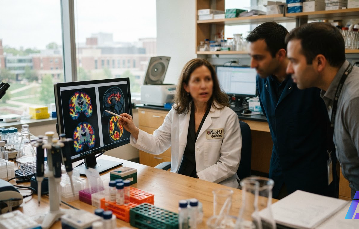 Neurologista observa em monitores exames de PET cerebral com placas amiloides destacadas, ao lado de pesquisadores em um laboratório iluminado por luz natural lateral