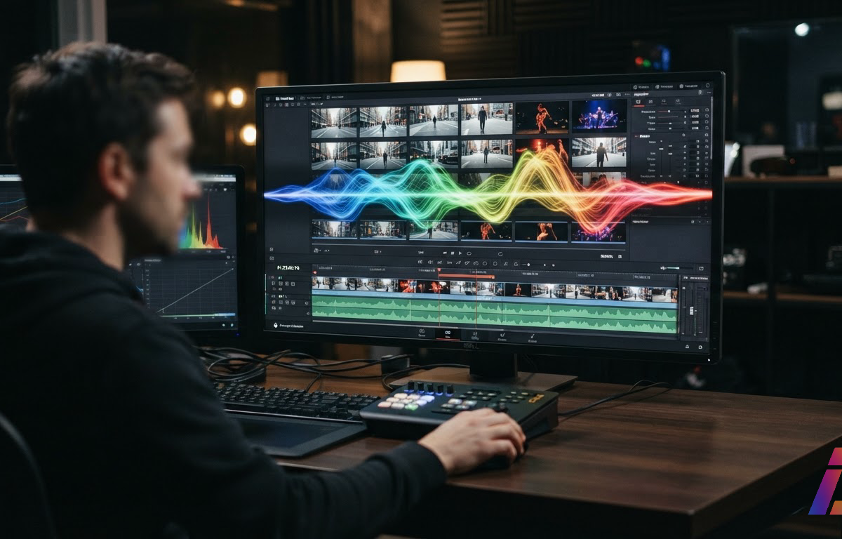 Tela de editor de vídeo exibindo quadros congelados de um arquivo MP4 com uma onda sonora colorida sobreposta, representando o processamento de áudio e vídeo