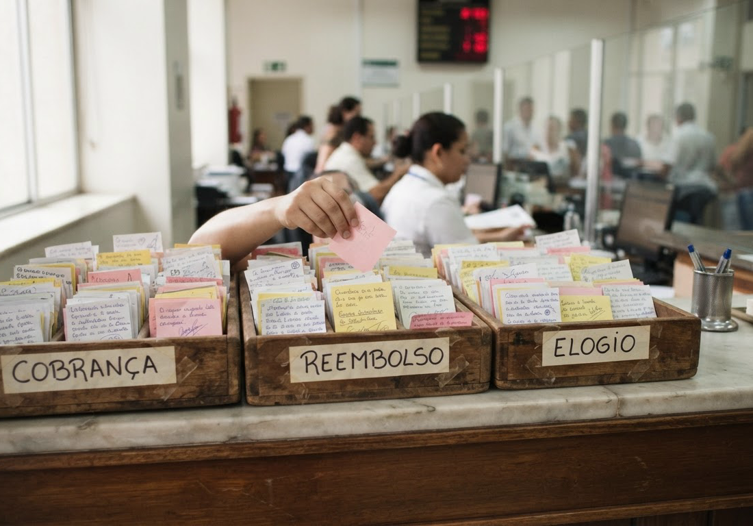 Fichas com mensagens de clientes sendo separadas em bandejas rotuladas cobrança, reembolso e elogio sobre o balcão de atendimento de um banco, com luz lateral suave.