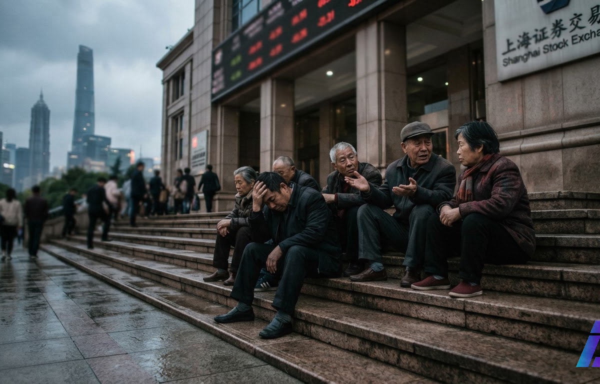 Grupo de aposentados chineses, de semblante abatido, conversa na escadaria da Bolsa de Valores de Xangai em um fim de tarde nublado