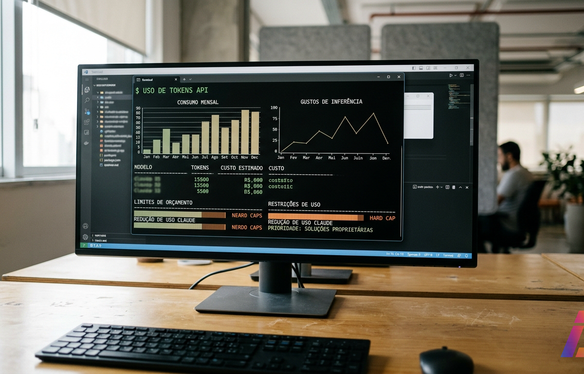 Monitor ultrawide em mesa de trabalho exibindo interface de linha de comando com gráficos de barras monocromáticos de uso de recursos em ambiente de desenvolvimento sóbrio
