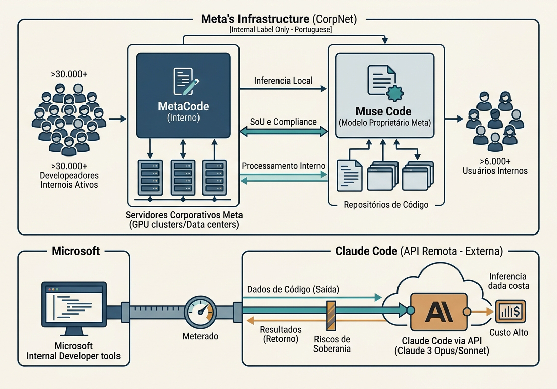 Diagrama esquemático técnico comparando dois fluxos de desenvolvimento de software em fundo claro: um pipeline com conexão remota externa em linhas pontilhadas azul-petróleo e outro circuito direto em malha fechada local com nós em âmbar.