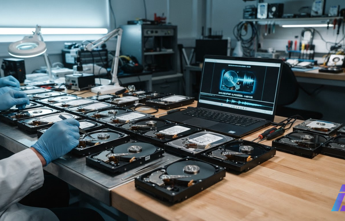 Fileiras de discos rígidos abertos, com pratos e cabeçotes expostos, sobre uma bancada de laboratório sob luz fria lateral; ao lado, uma tela reproduz um clipe de vídeo curto