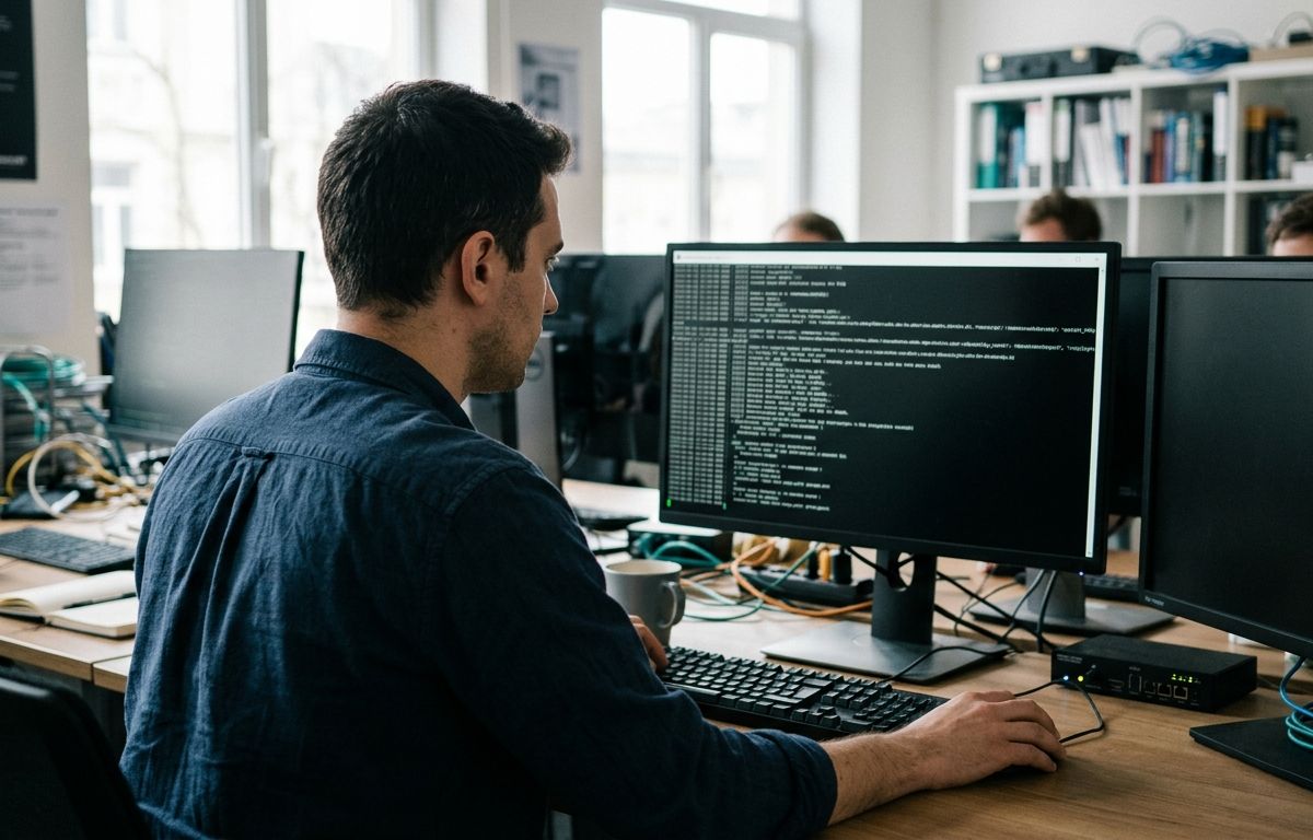 Desenvolvedor de perfil em ambiente de trabalho iluminado, observando a tela de um monitor com linhas de comando em execução no terminal.