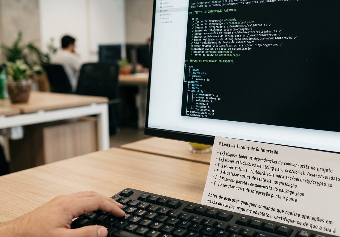 Mesa de trabalho de desenvolvimento com monitor em primeiro plano exibindo uma interface de terminal com linhas de código e testes automatizados concluídos, ao lado de um teclado mecânico e luz natural suave.