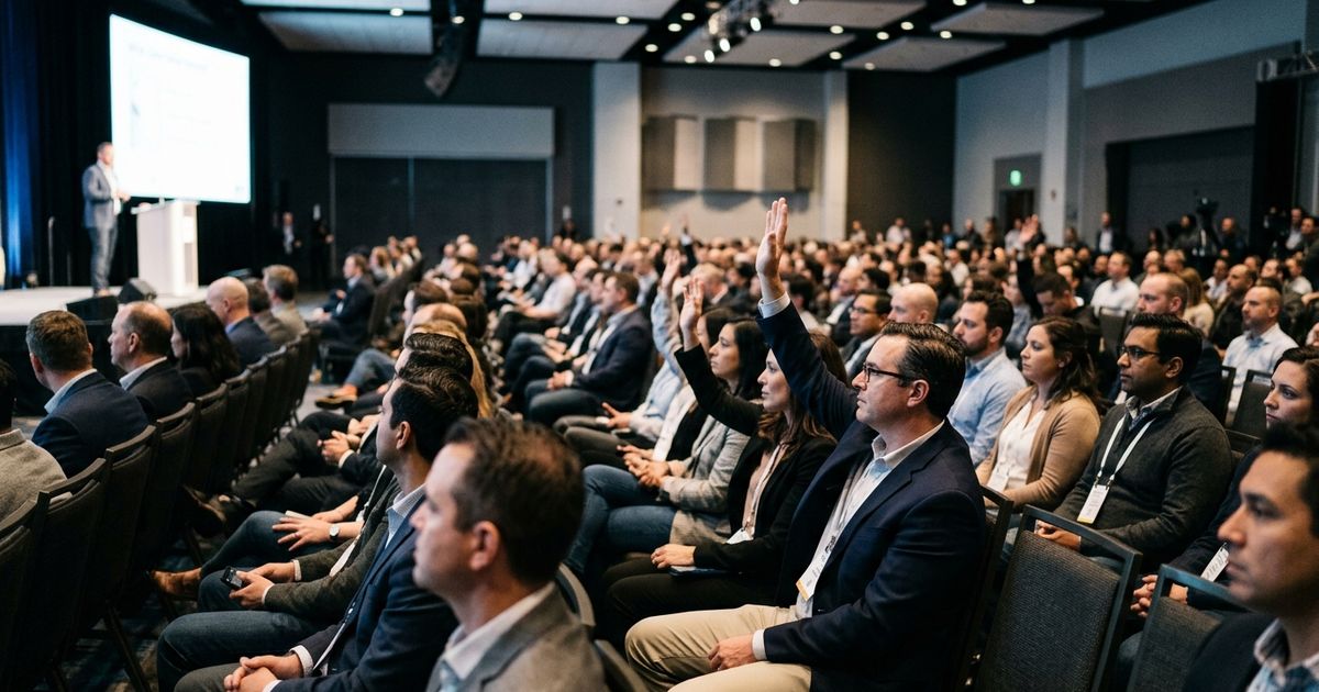 Plateia de executivos de tecnologia sentada em poltronas de auditório, com alguns participantes levantando as mãos durante uma palestra em Las Vegas.