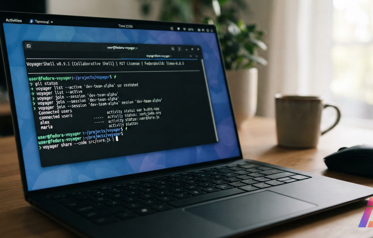 Janela de terminal Linux com o prompt do voyagershell aberta em um desktop Fedora, com espaço livre no canto inferior direito