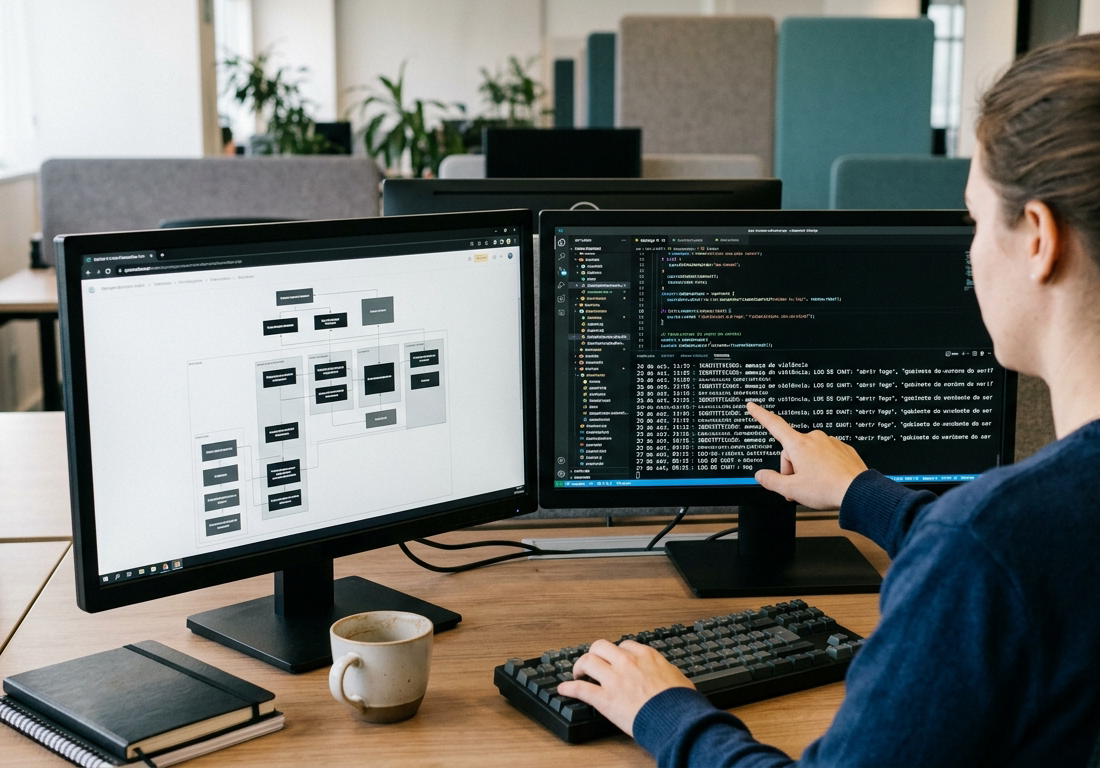 Mesa de trabalho de desenvolvimento com dois monitores ligados, teclado mecânico e anotações técnicas sob luz de escritório
