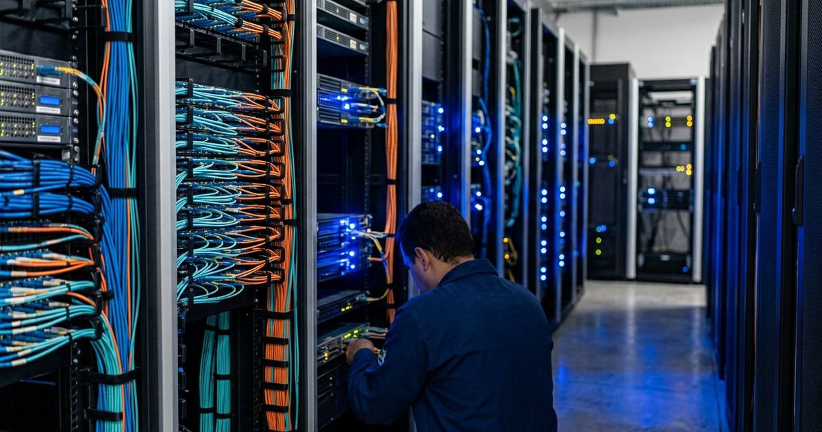 Corredor de data center com racks de servidores em perspectiva, cabeamento estruturado e iluminação azul sutil refletida nas superfícies metálicas.