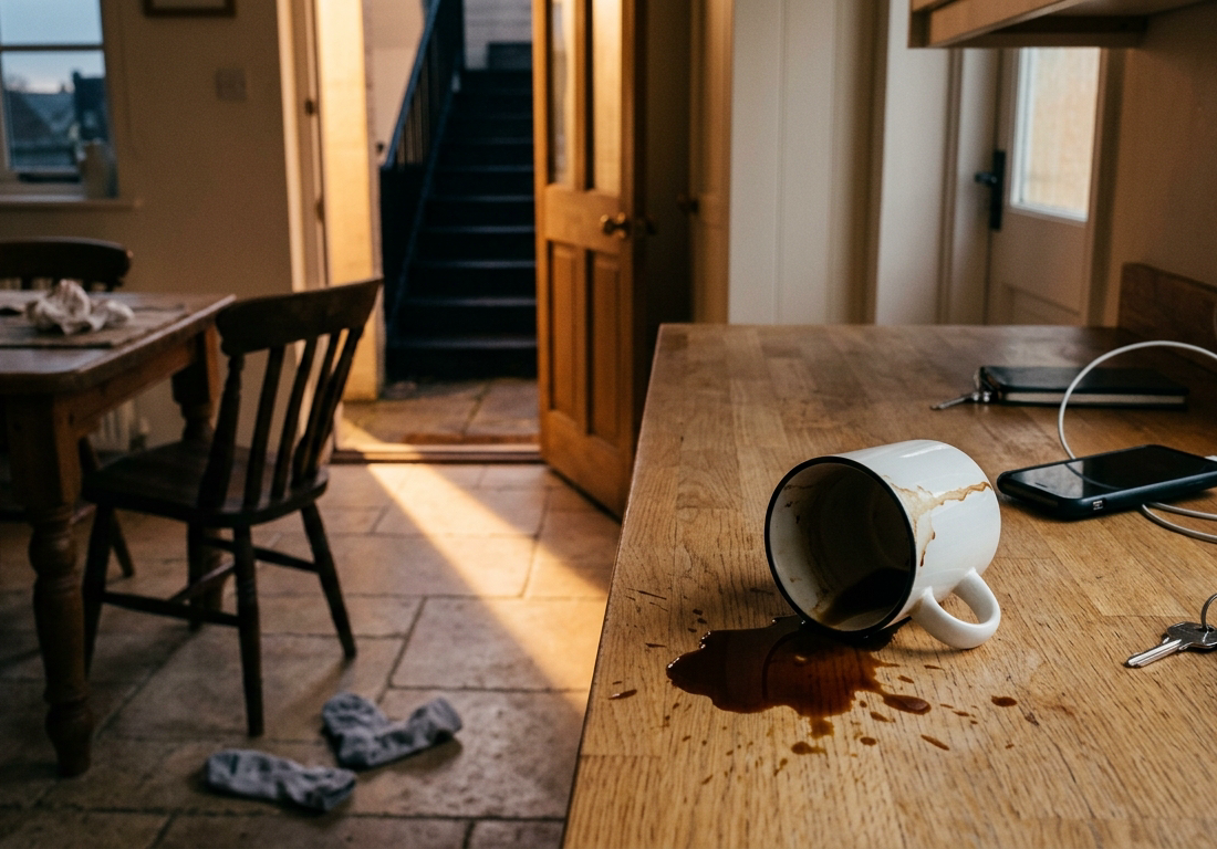 Fotografia de uma cozinha doméstica vazia ao amanhecer: na bancada de madeira clara, uma caneca branca tombada derrama café em um fio escuro que forma uma poça irregular, ao lado de um celular meio fora da tomada e uma chave solta; ao meio,