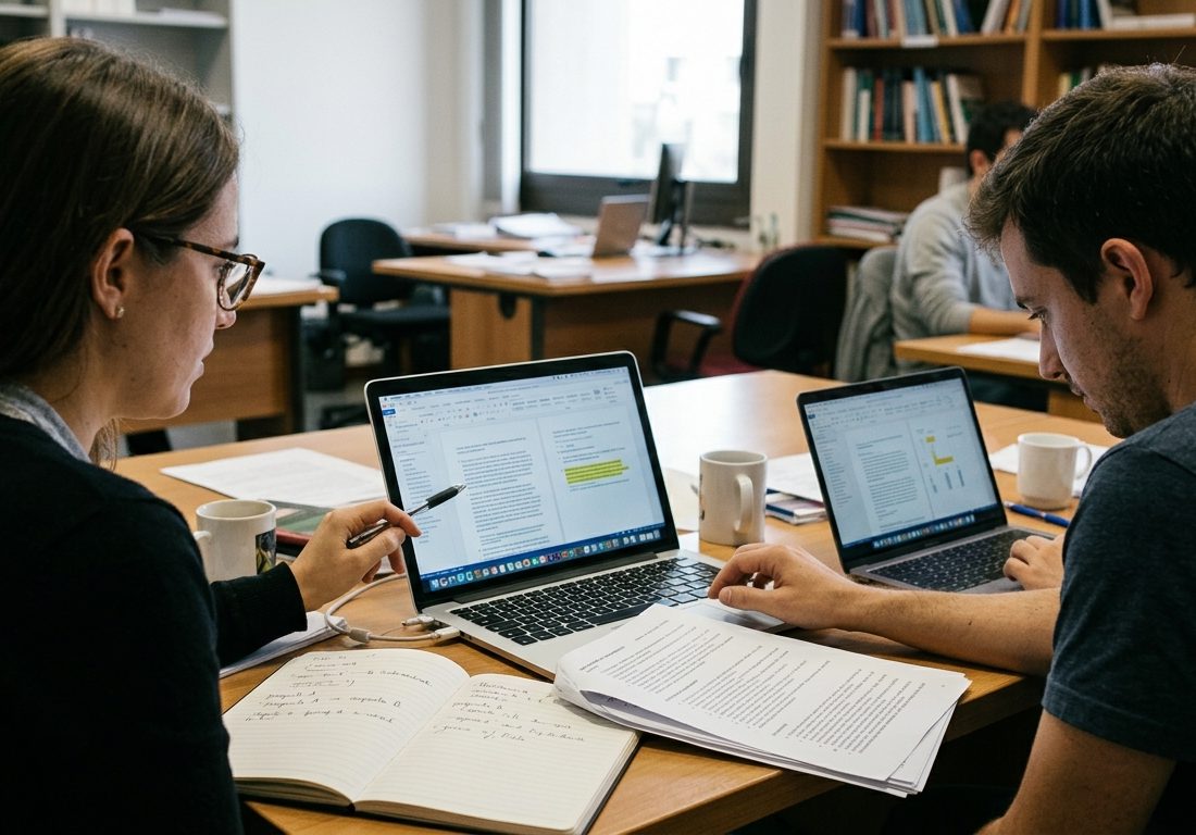 Pesquisadores reunidos em torno de uma mesa de madeira clara em ambiente acadêmico, analisando dados em telas de computadores portáteis com anotações e cadernos de apoio ao redor.