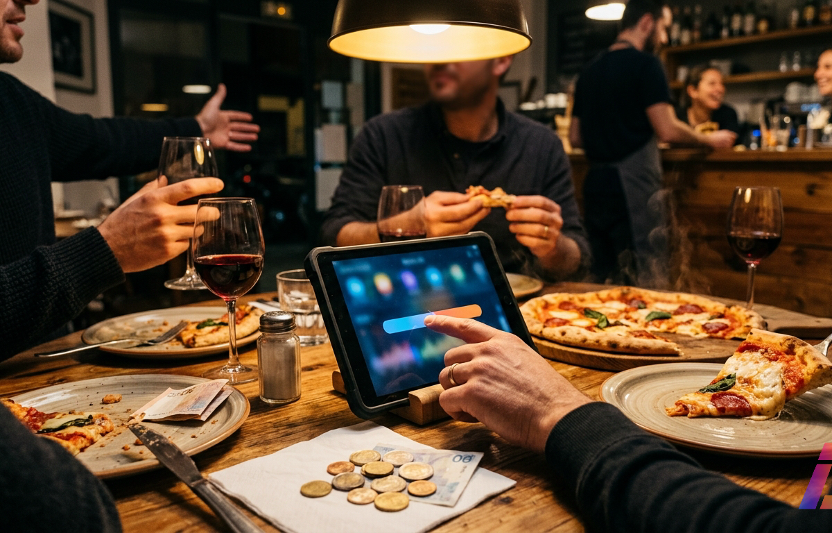 Fotografia noturna em restaurante aconchegante mostra três amigos jantando em mesa de madeira com pizza, taças de vinho tinto e um tablet entre os pratos, com uma mão tocando um controle deslizante colorido na tela parcialmente desfocada; n