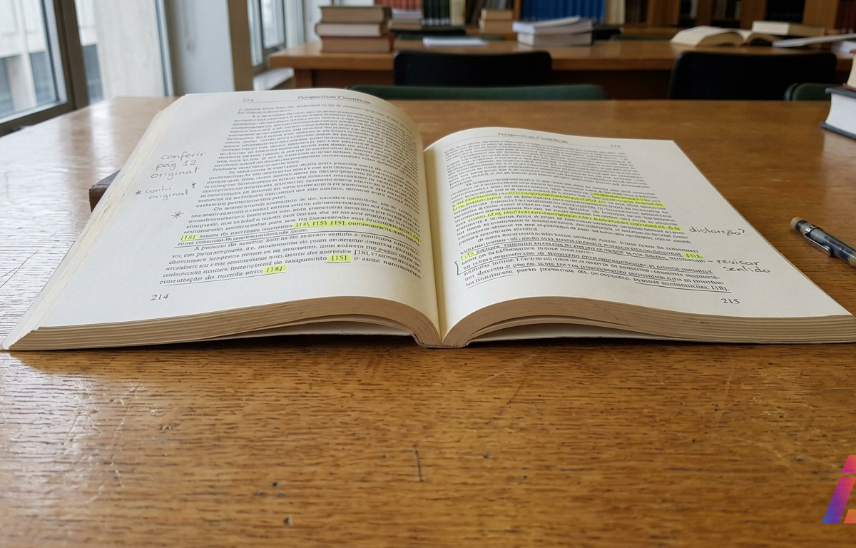 Fascículo impresso de periódico científico aberto sobre mesa de madeira em biblioteca, exibindo anotações a lápis nas margens e trechos destacados na seção de referências bibliográficas.
