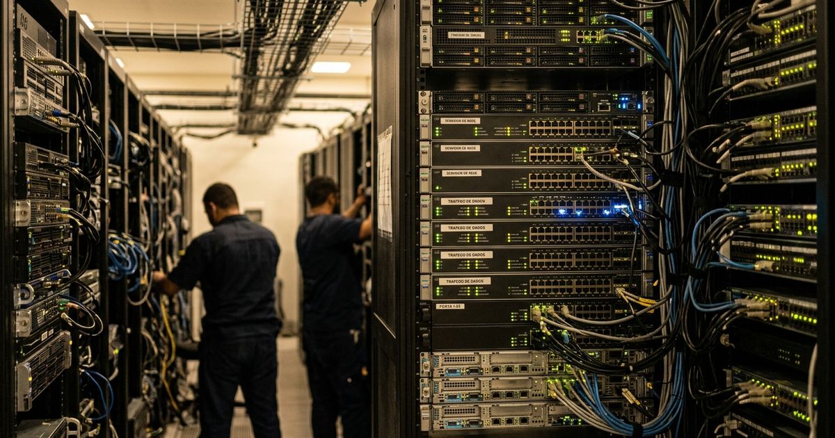 Servidores rack alinhados em corredor de data center com cabos organizados e luzes indicadoras de atividade acesas.