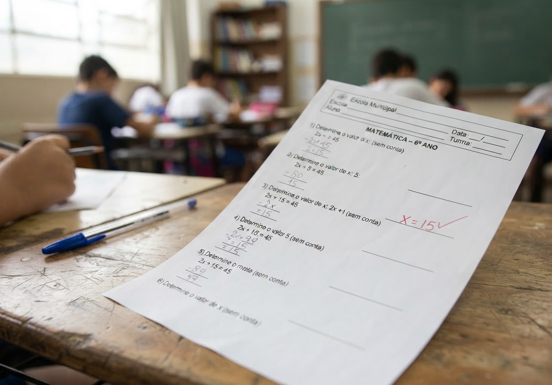 Folha de prova de matemática sobre uma carteira escolar, com a resposta final marcada como certa em caneta vermelha e o espaço reservado para a conta em branco, sob luz natural