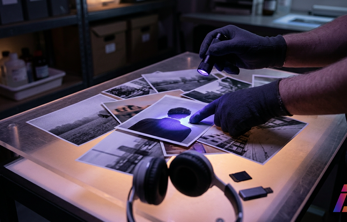 Mãos com luvas de algodão seguram uma pequena lâmpada ultravioleta sobre impressões fotográficas espalhadas em mesa de acrílico translúcido; sob o feixe violeta-azulado, um padrão tênue de malha quadriculada emerge do papel, com lupa de con