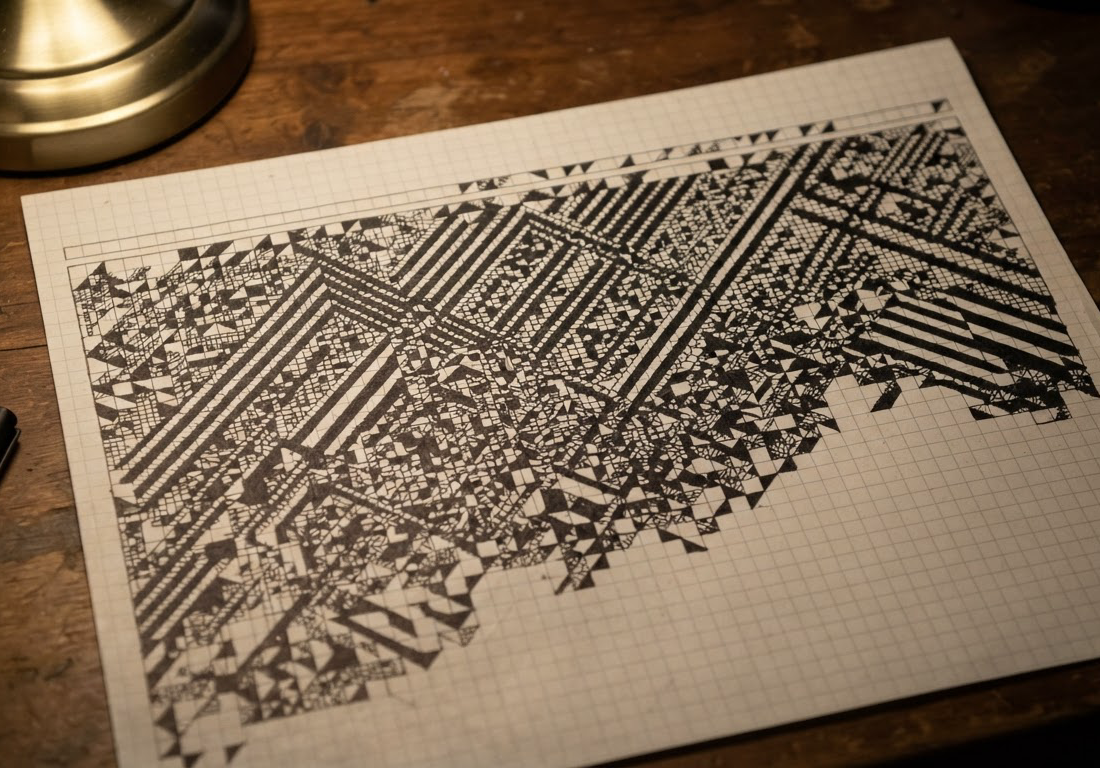 Papel milimetrado iluminado por uma lâmpada de estudo exibe o padrão do autômato celular regra 110, com triângulos irregulares se espalhando pela folha; canto inferior direito livre.