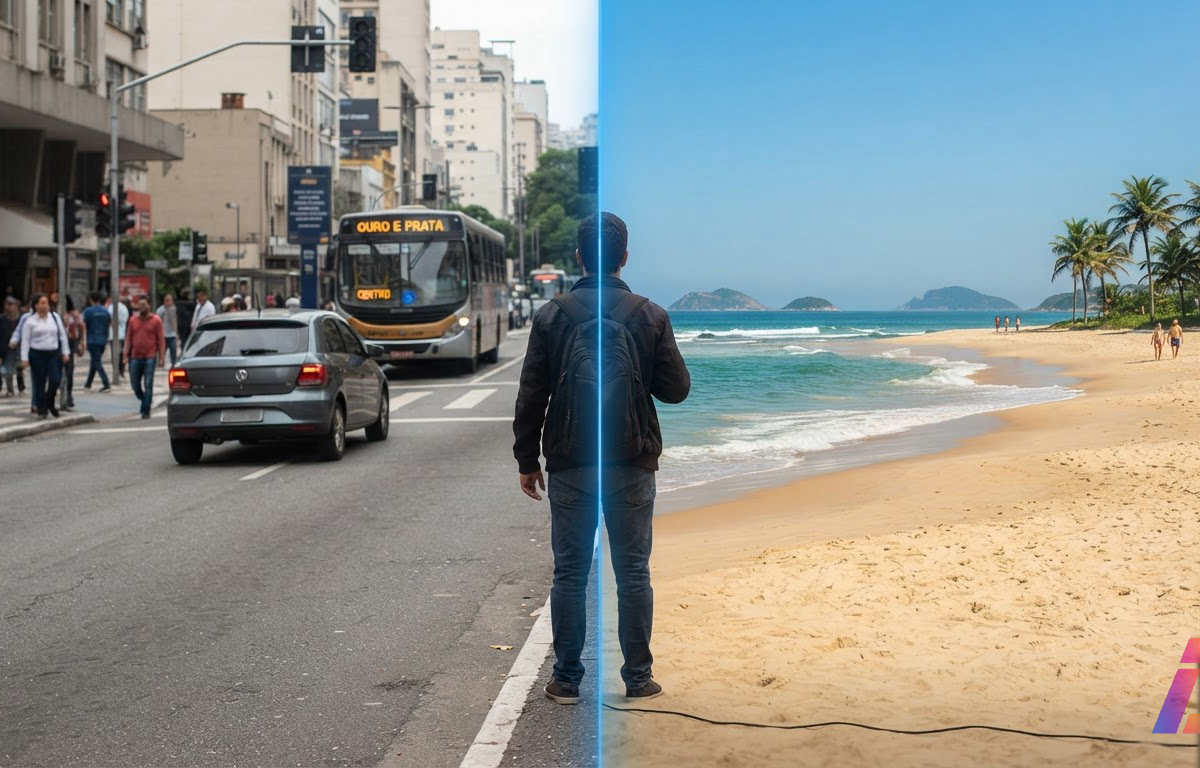 Fotografia dividida ao meio por linha vertical nítida: à esquerda, uma rua urbana como fundo original; à direita, o mesmo cenário já transformado em praia, com luz uniforme de estúdio e canto inferior direito livre.