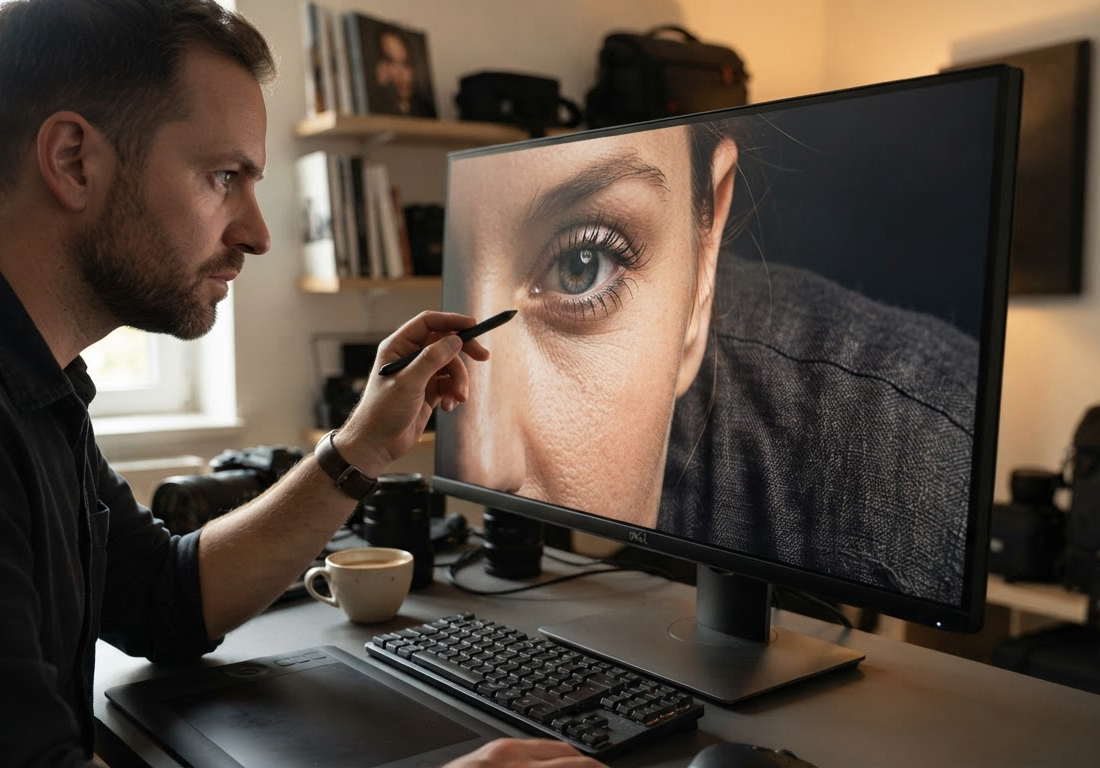 Fotógrafo examina de perto a ampliação de um retrato impresso, com cílios e textura do tecido visíveis em detalhes nítidos