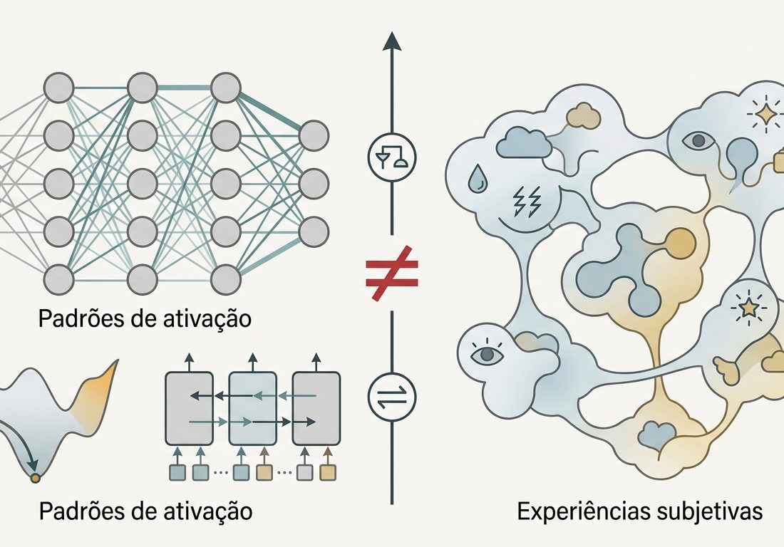 Diagrama esquemático técnico em fundo claro exibindo matrizes de ativação vetorial, conexões de circuitos neurais em tons de azul-petróleo e nós de dispersão geométrica com detalhes em âmbar.