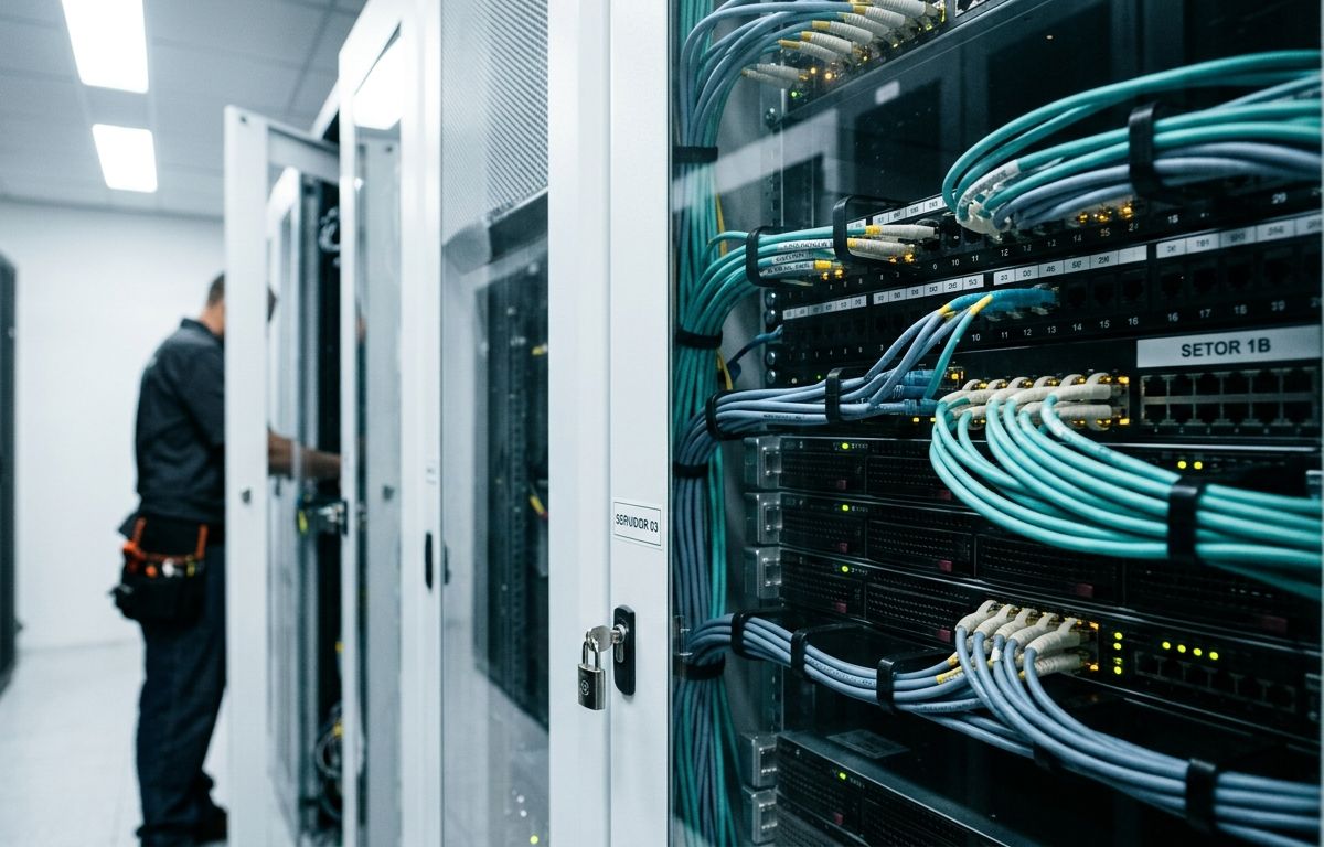 Racks de servidores modernos em um centro de dados iluminado, exibindo cabeamento estruturado e luzes indicadoras sutis nos módulos de processamento.