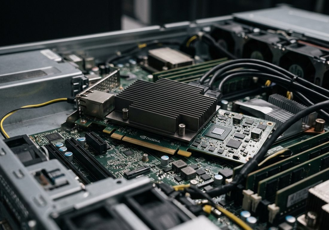 Placa de circuito de rede inteligente com dissipador de calor metálico instalada em slot de servidor de centro de dados.