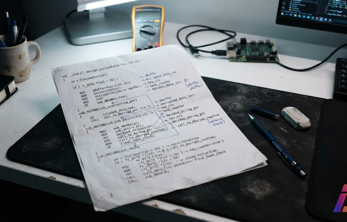 Folha impressa com pseudocódigo de binário descompilado, anotações à mão renomeando símbolos entre funções, iluminada por luz fria de bancada de análise de software, com espaço livre no canto inferior direito
