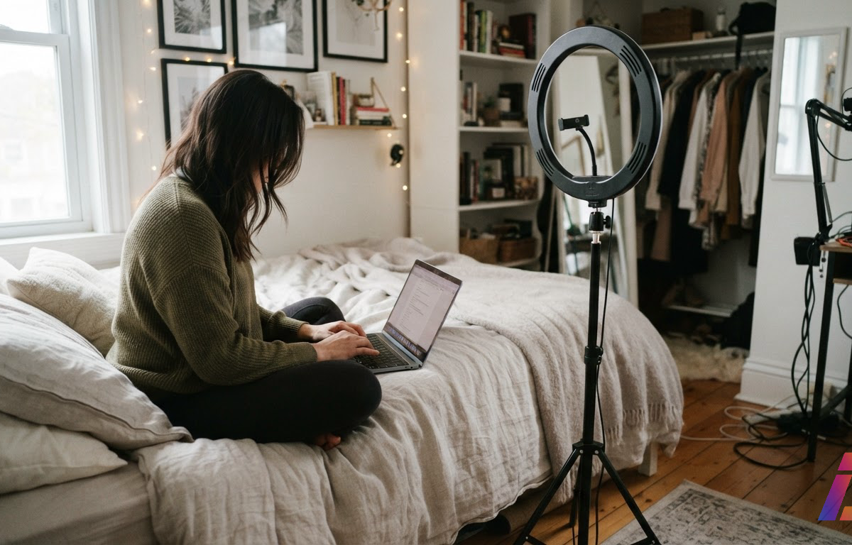 Mulher de costas, com o rosto fora de vista, sentada na beira de uma cama arrumada em um quarto usado como estúdio caseiro; ao lado, um ring light desligado em um tripé, e a luz natural de uma janela lateral ilumina o ambiente.