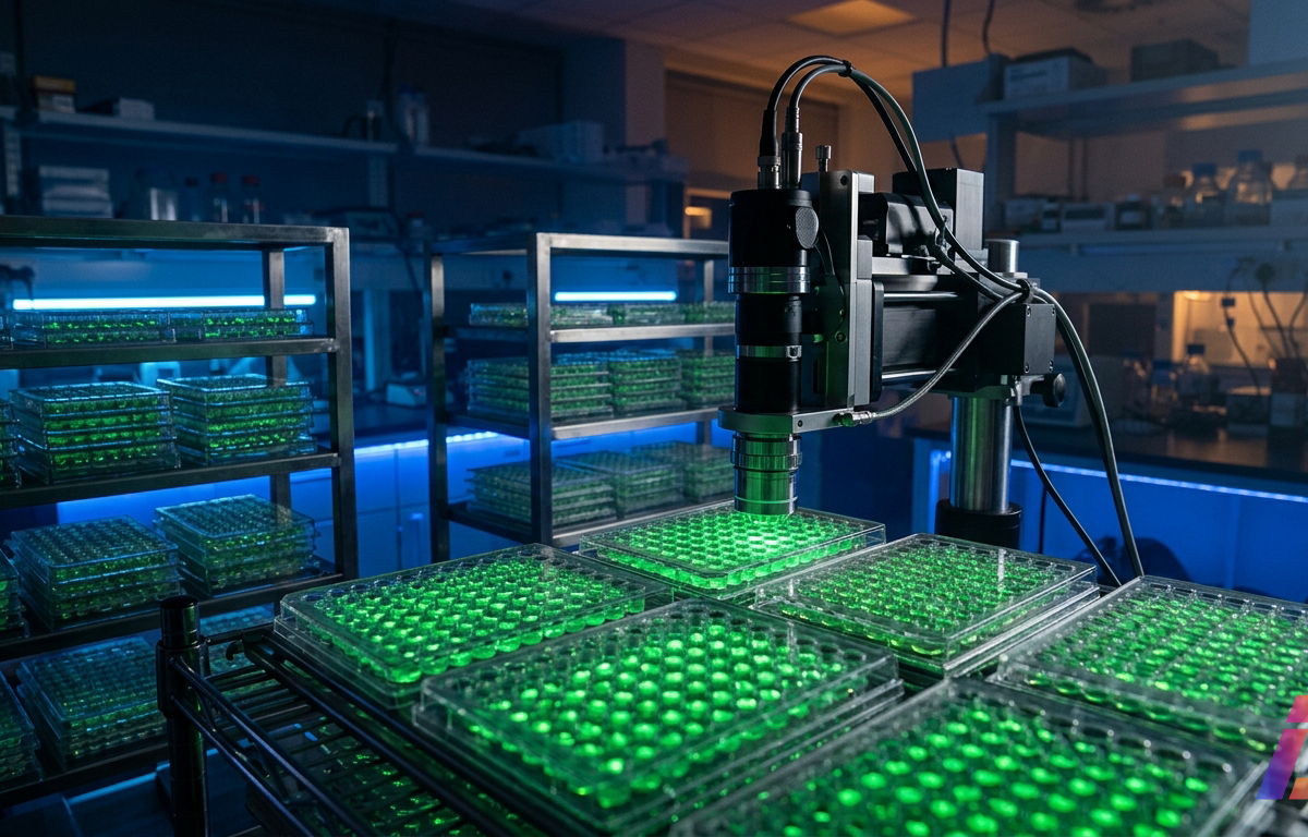 Laboratório de biologia à noite visto de posição levemente elevada, com dezenas de placas de microscopia de vidro alinhadas em estantes de aço inox, cada poço contendo uma gota de cultura celular que brilha em verde translúcido, formando gr
