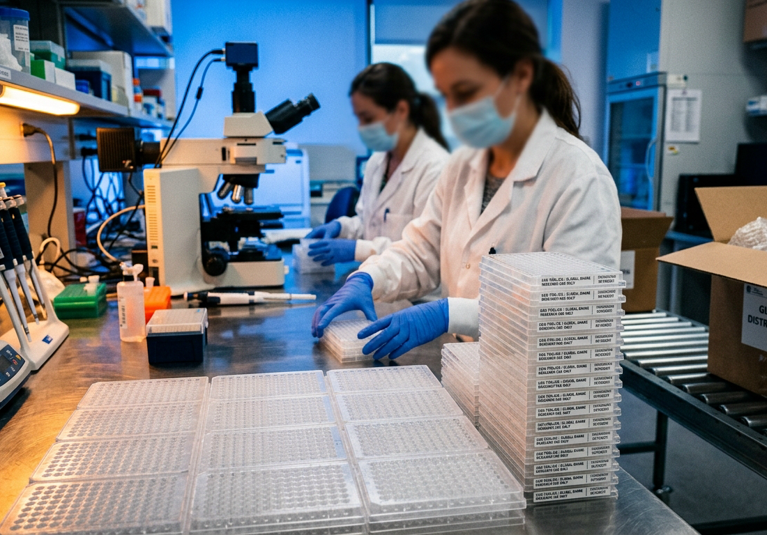 Duas pesquisadoras de jaleco e luvas azuis trabalham de pé em uma bancada comprida de laboratório, preenchendo e empilhando placas de microtitulação idênticas alinhadas em grade; ao lado, pilha de placas etiquetadas aguarda ao lado de caixa
