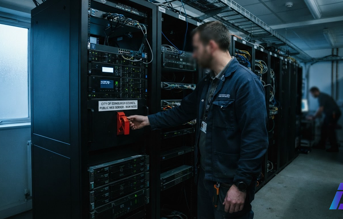 Técnico de costas desliga um servidor em rack numa sala de equipamentos iluminada pela luz fria da manhã, com cabos e luzes indicadoras ao redor