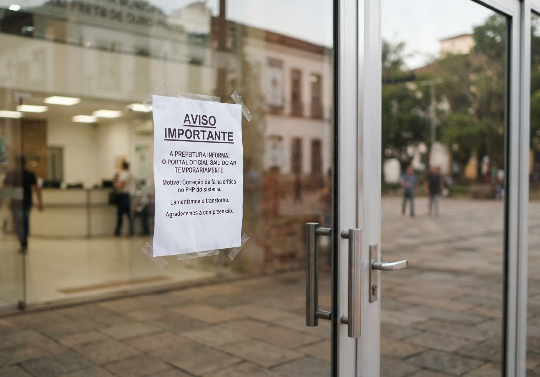 Folha de papel impressa colada com fita adesiva na porta de vidro de um prédio público, iluminada pela luz suave da manhã