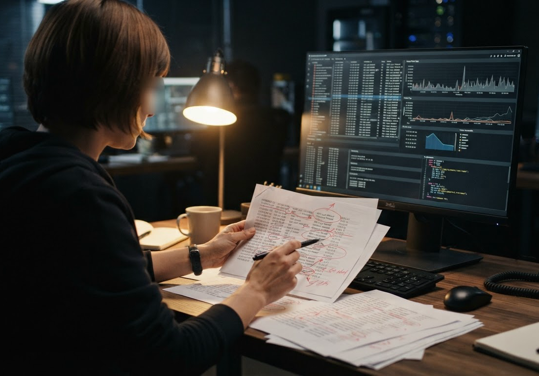 Analista de segurança, de costas e em penumbra, observa em um monitor registros de comandos ao lado de folhas impressas marcadas com caneta vermelha, em escritório iluminado por uma luminária à noite