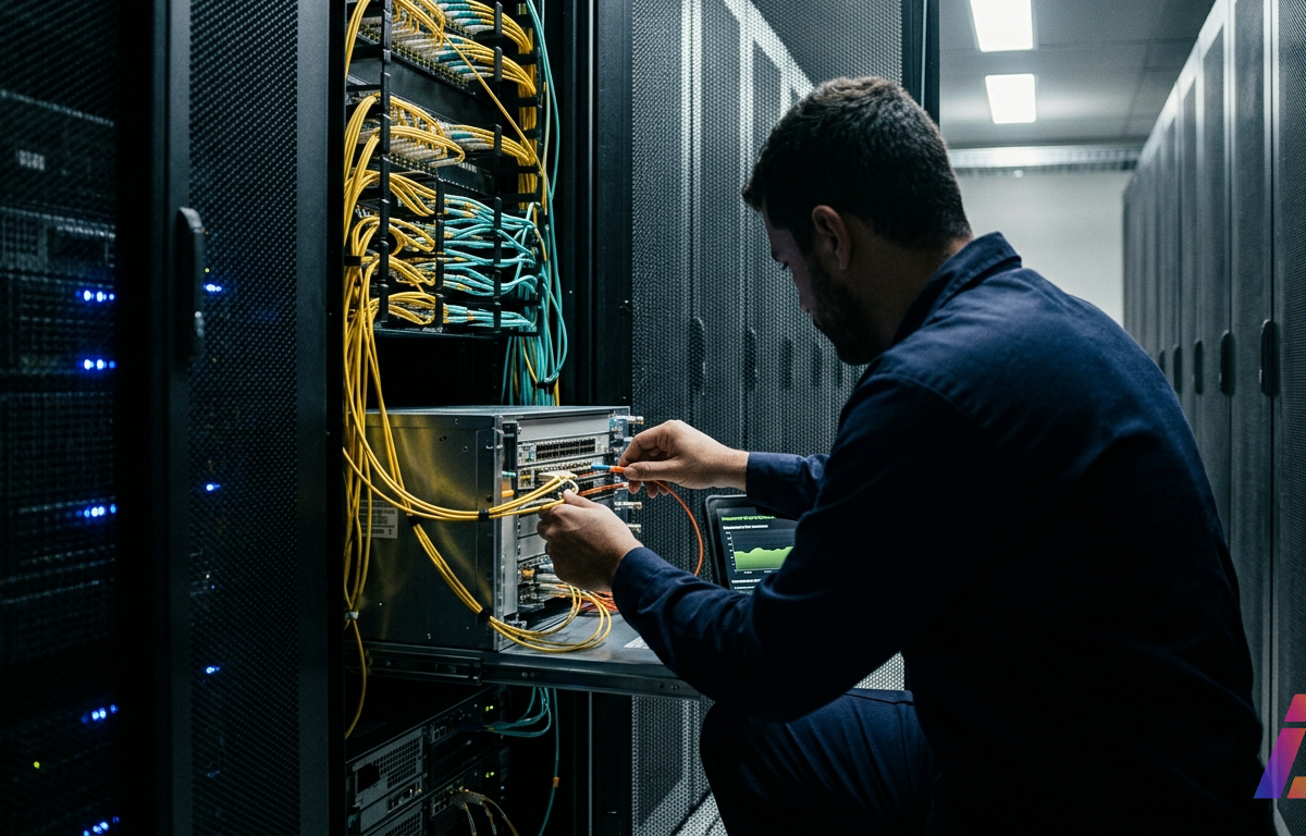 Engenheiro com terminal portátil realiza manutenção em chassi de servidor com cabos de fibra óptica em central de telecomunicações.