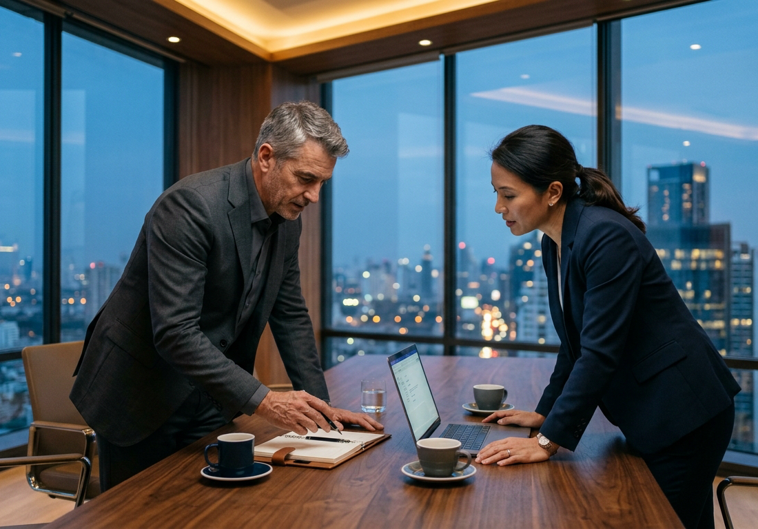 Dois executivos em trajes sóbrios analisando dados em um laptop sobre mesa de madeira, diante de grande janela com vista para o horizonte urbano ao entardecer.