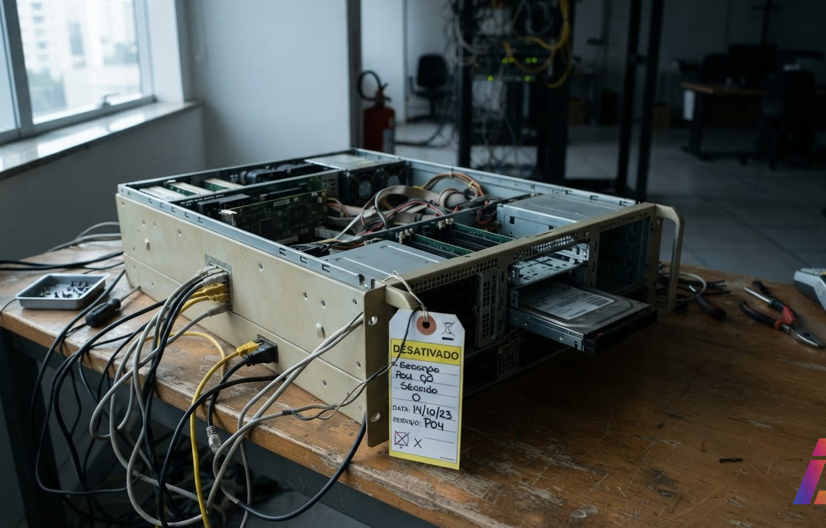 Servidor parcialmente desmontado sobre uma bancada de escritório vazio, com etiqueta de desativação e cabos desconectados, iluminado por luz fria lateral