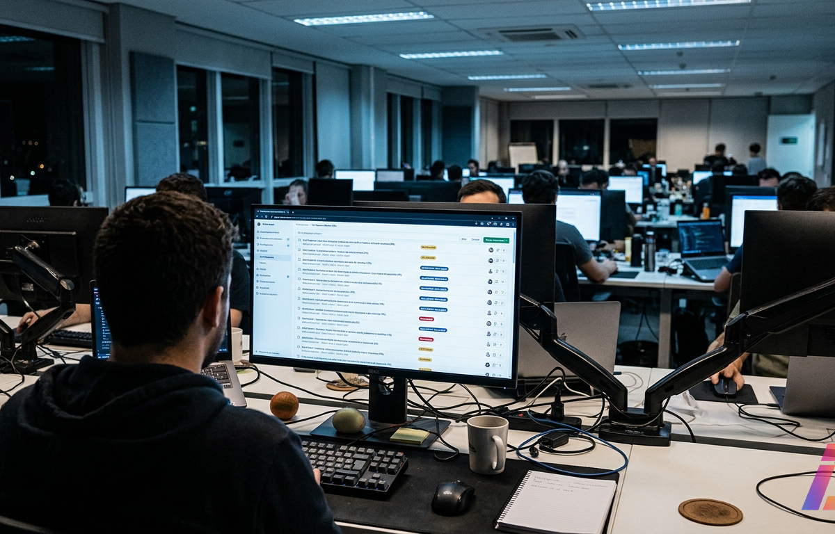 Fotografia realista de estação de trabalho em escritório de desenvolvimento com luz fria, exibindo na tela uma longa lista de pull requests pendentes de revisão, com dezenas de mudanças aguardando aprovação; ambiente de equipe sobrecarregad