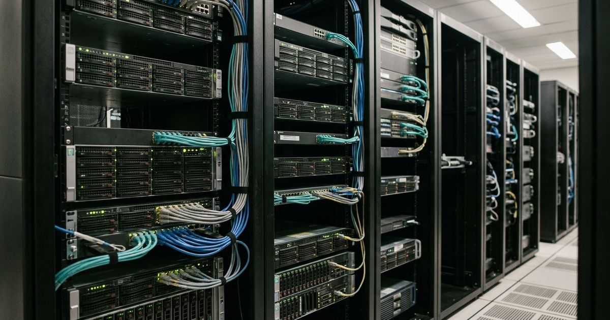 Servidores montados em rack dentro de datacenter claro e iluminado, exibindo cabos de rede organizados e pequenos pontos de luz indicativos de operação nos painéis frontais metálicos.