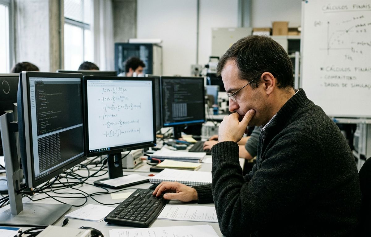 Cientista de costas analisando equações e linhas de código em múltiplos monitores em um escritório acadêmico iluminado por luz natural