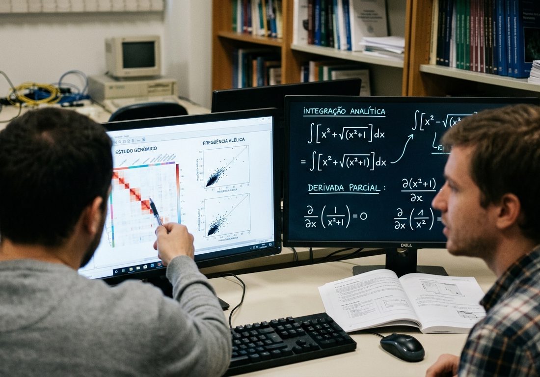 Monitores de computador em ambiente de pesquisa acadêmica exibindo visualizações abstratas de dados científicos e diagramas de cálculo matemático com foco seletivo.