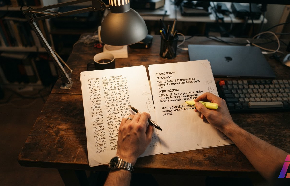 Analista em mesa de trabalho compara dois documentos lado a lado: um com códigos opacos e outro com descrições detalhadas em linguagem natural sobre a mesma sequência de eventos, sob luz direcionada.