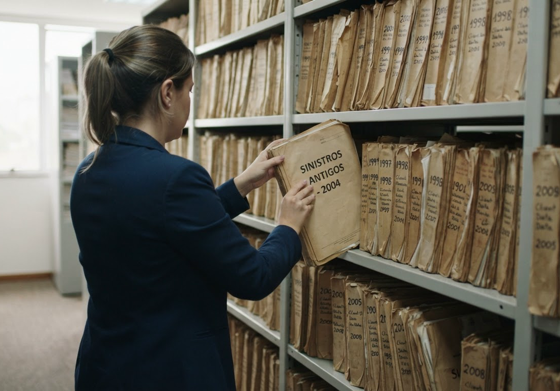 Funcionária de escritório retira de um arquivo deslizante uma pasta de documentos, entre fileiras de pastas etiquetadas por ano, sob luz natural lateral
