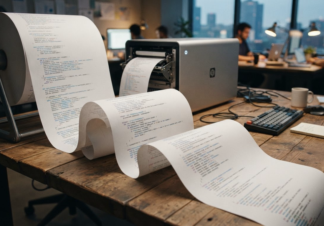 Rolo extenso de código impresso desenrolado sobre uma mesa de trabalho, com espaço livre no canto inferior direito