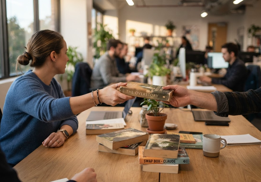 Mãos de funcionários trocando livros usados sobre uma mesa de escritório iluminada pela luz natural da tarde