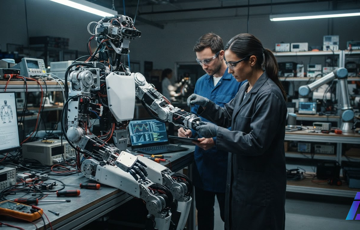 Protótipo de robô humanoide sobre bancada de testes em laboratório, com engenheiros ajustando as articulações de um dos braços sob luz fria de oficina