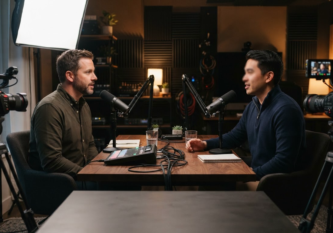 Dois homens sentados frente a frente em estúdio de podcast, com microfones sobre a mesa, câmeras gravando a conversa e luz lateral suave