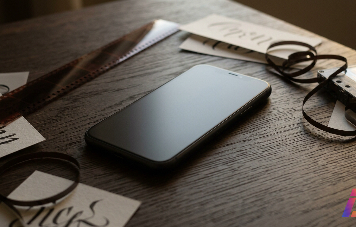 Smartphone com tela desligada sobre mesa de madeira, cercado por tira de filme fotográfico, fita magnética e papéis manuscritos sob luz natural lateral.